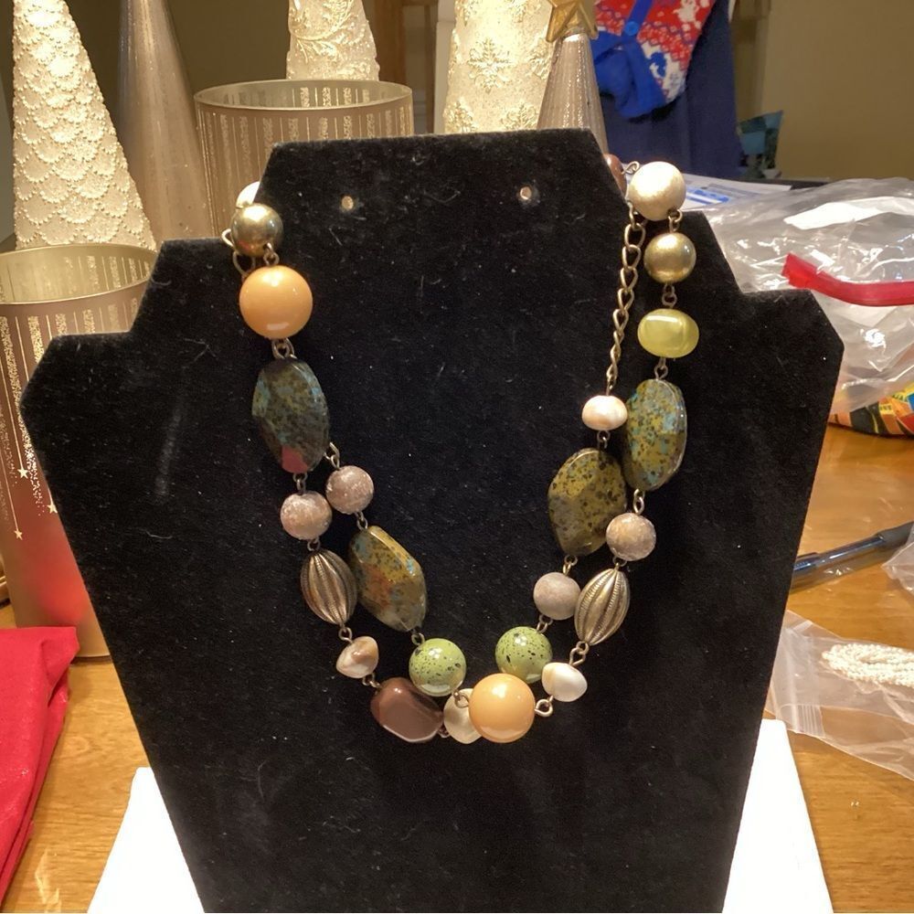 Multi-Color Greens, Tans, Cream Faux River Rocks Necklace